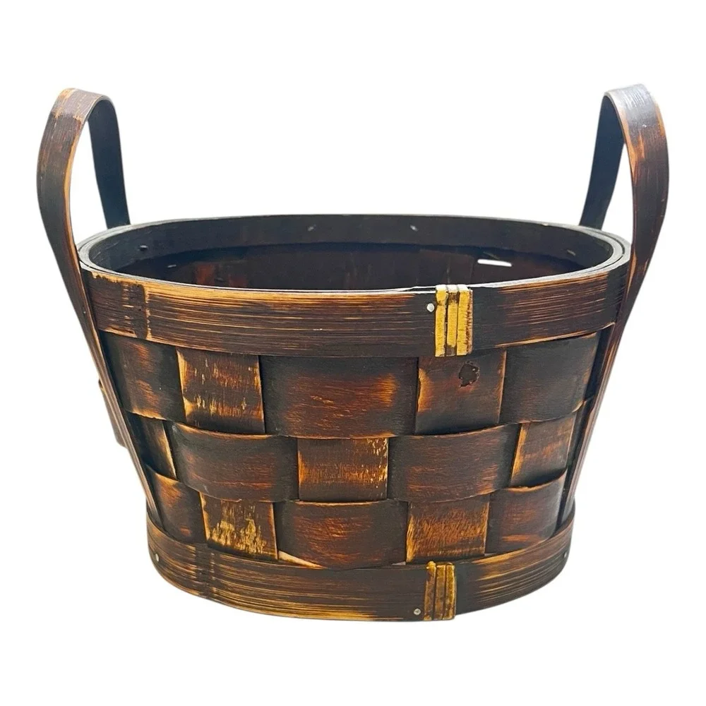 Wood & Tin Basket with Handle Apple & Leaf‎ Appliqué Fall Harvest Thanksgiving
